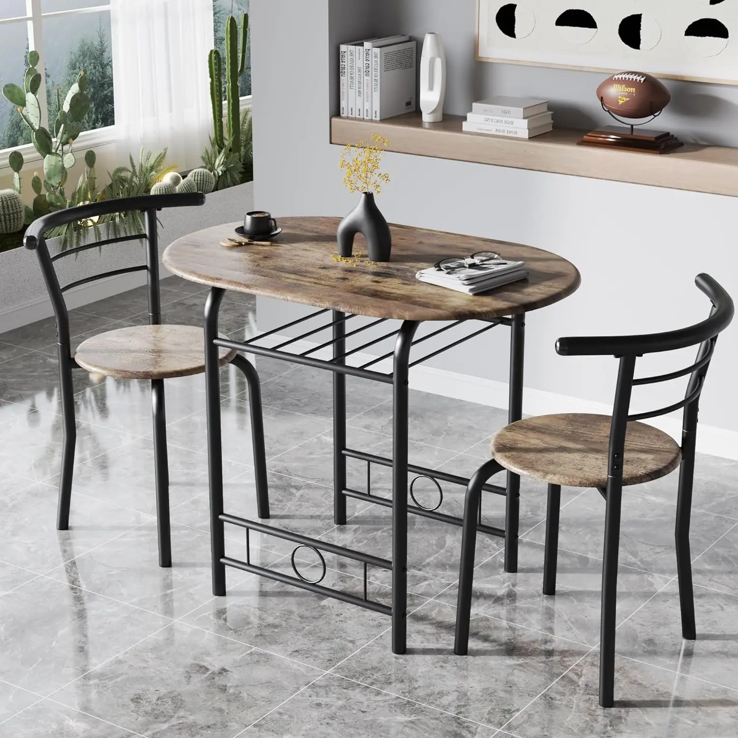 

3-Piece Wooden Round Table&Chair Set,Space Saving Kitchen Nook Wood Grain Tabletop with Metal Frame and Built-in Wine Rack