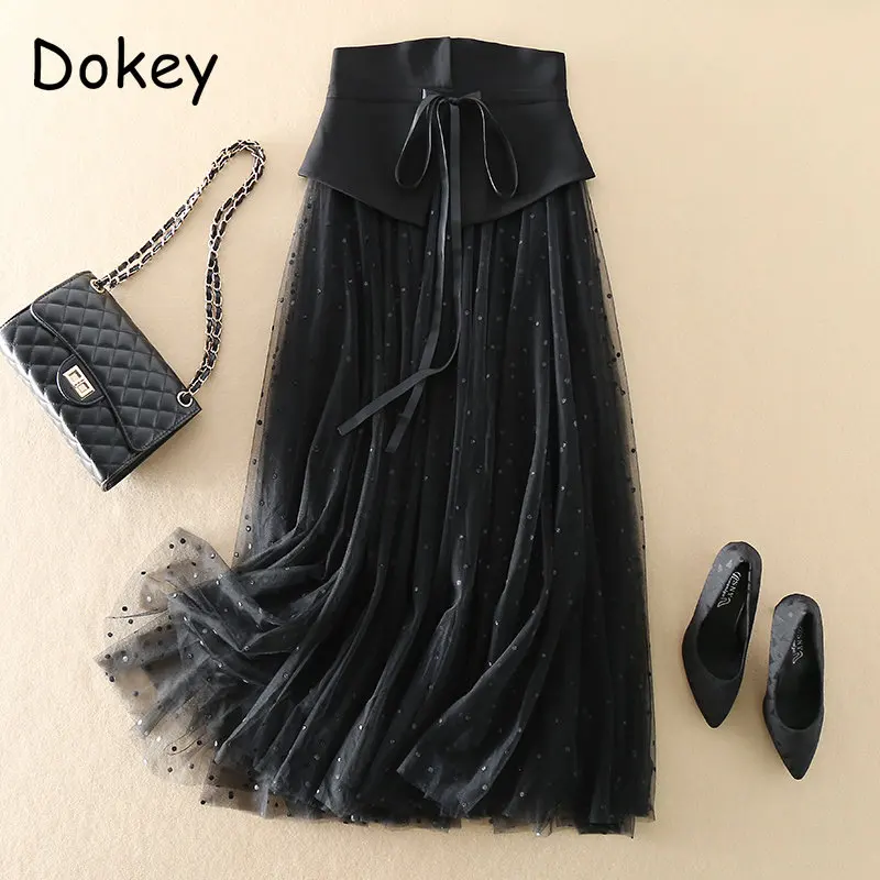 

Vintage Gothic Black Polka Dot Tulle Skirt Women Summer New Korean Patchwork Mesh High Waist Long Skirt Elegant Fashion Clothing