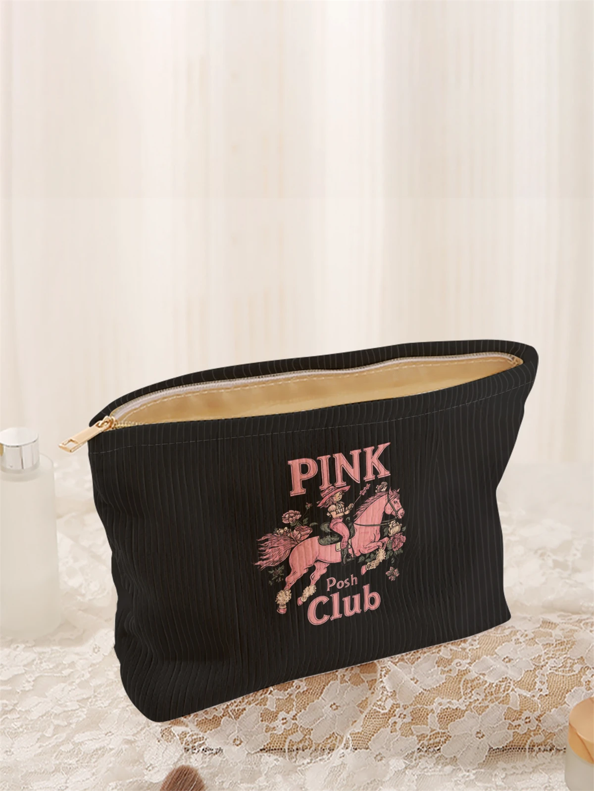 1 pink horse patterned corduroy makeup bag, lightweight zipper makeup storage box, multifunctional bag with lining