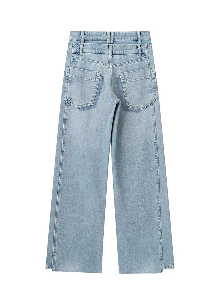 HH TRAF 2023 Woman Fashion High Waist Jeans Vintage Spring Casual Street Slim Patchwork Denim Trousers Women Wide Leg Long Pants