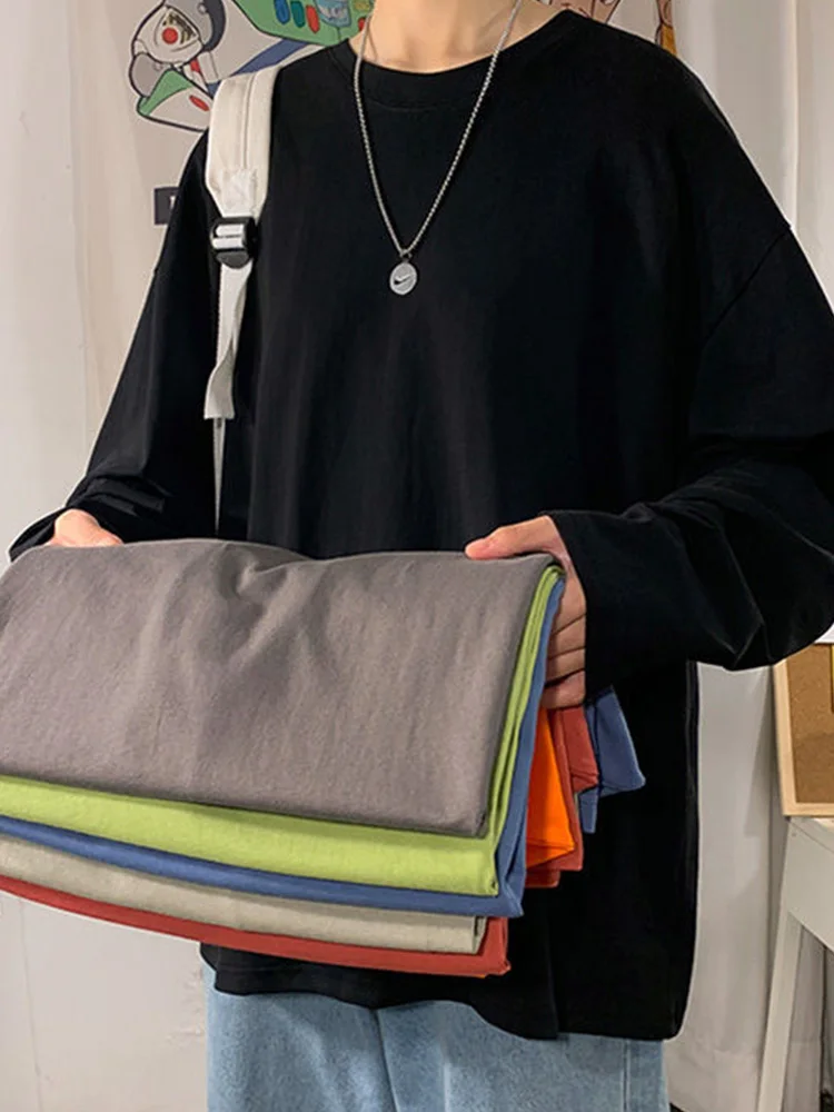 

Футболка женская оверсайз, однотонная Простая рубашка с круглым вырезом и длинным рукавом, модная базовая уличная одежда в Корейском стиле ольччан, весна-осень