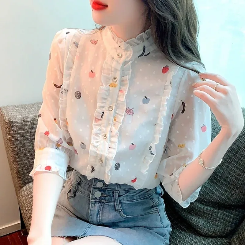 Women's Sweet Floral Print Chiffon Blouse Half Sleeve Tops Casual Clothes Edible Tree Fungus Collar White Summer 27476