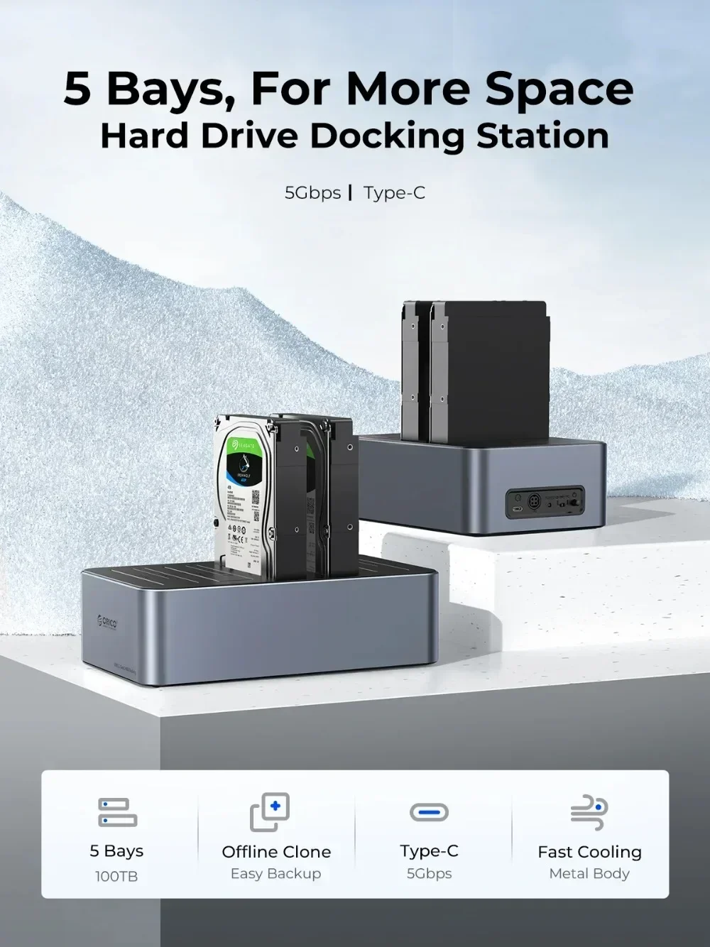 ORICO 2.5/3.5인치 하드 드라이브 도킹 스테이션 알루미늄 SATA - Type-C 5Gbps, 2.5/3.5인치 HDD/SSD 박스용 오프라인 복제 기능 포함
