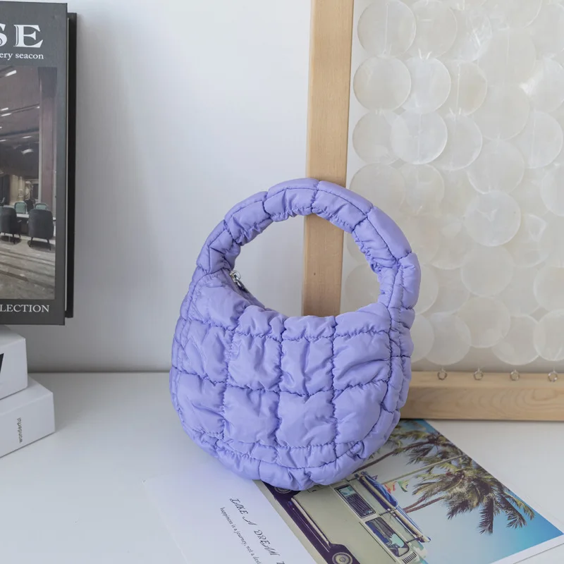 Fashion Mini Puffer Tote Bag Quilted Circle Phone Purse Elegant Purple Soft Nylon Padded Key Pouch Simple Trend Handbag