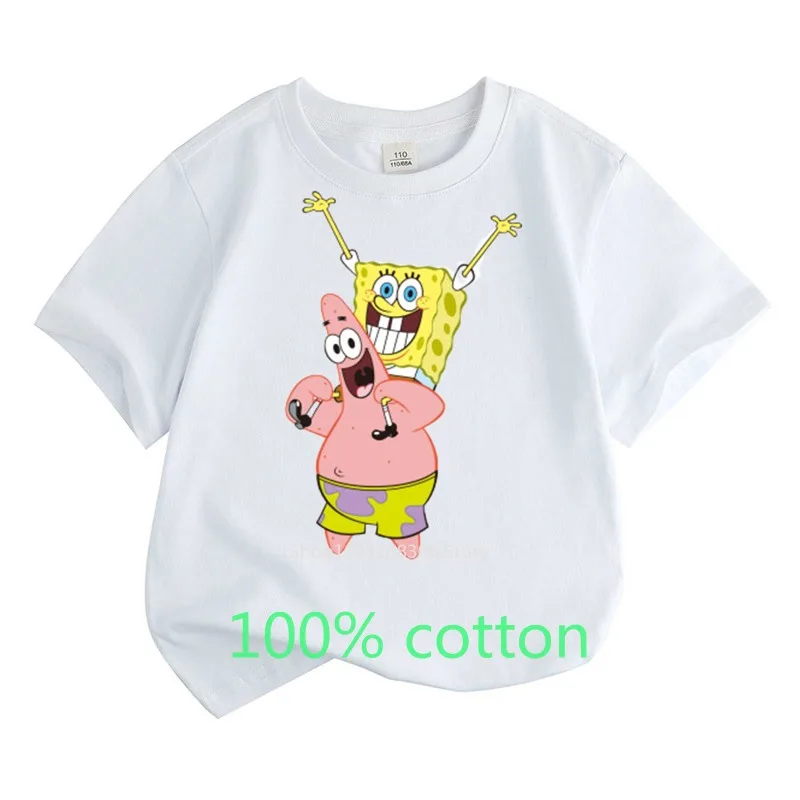 SpongeBob and Patrick 100% Cotton T-shirt Summer Fashion Children Clothes Boys Girls Kids Top Toddler Round Neck Short-sleeved 2
