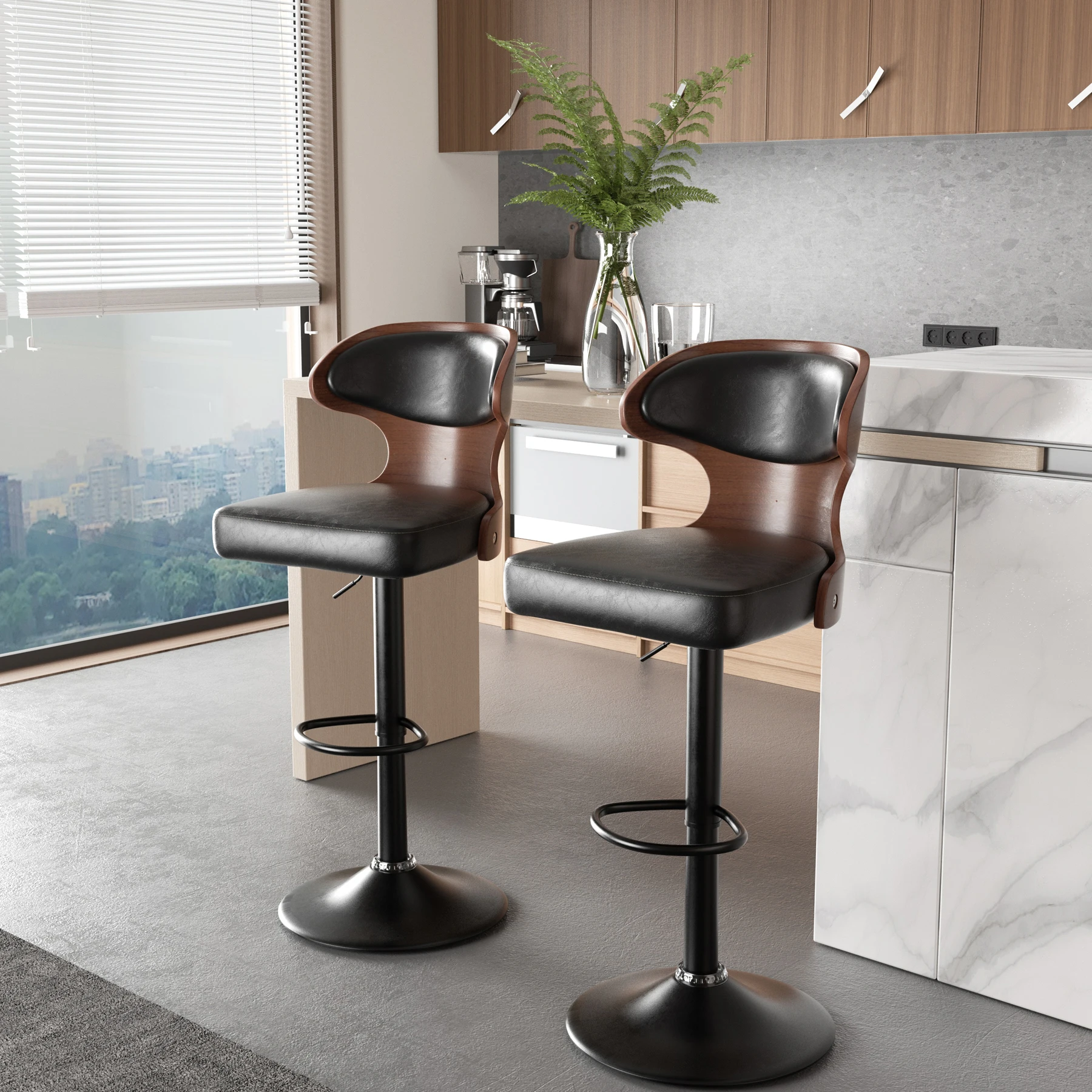 Bar Stool 2-Piece Set, Bent Wood Swivel Bar Stool with Backrest and Footstool-Pu Leather Cushion Chair