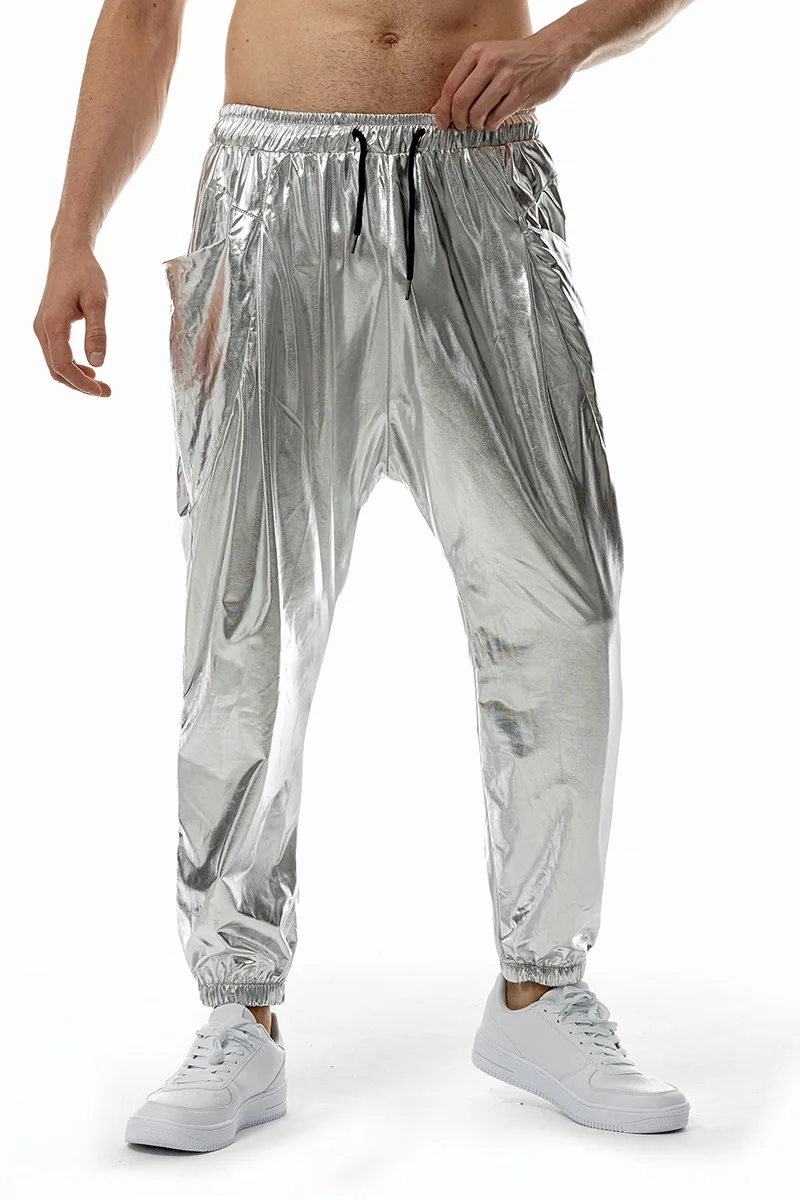 Shiny Metallic PU Leather Sweatpants Men Hip Hop Gold Coated Trousers Disco Nightclub Costume Stage Perform Pants for Singers 5