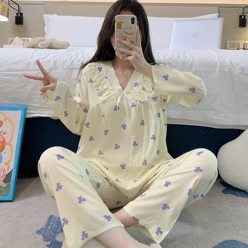 Sweet and Wearable V-neck Nightgown Long Sleeve Trousers Two-piece Set Thin Print Cotton Silk Pajamas  Home Clothing for Women