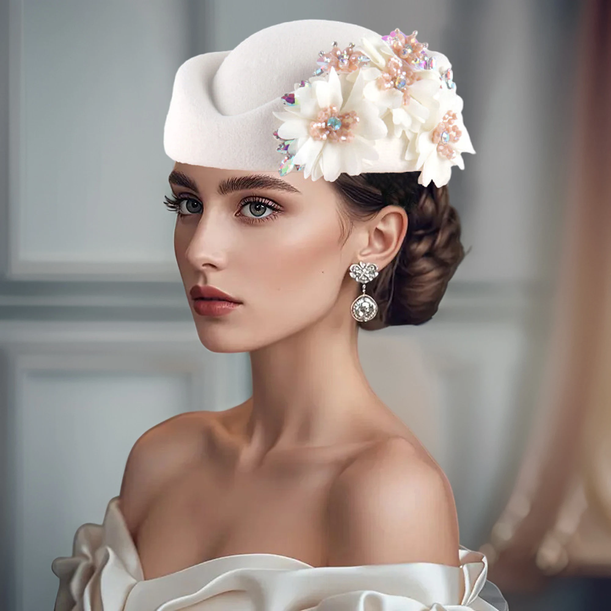 Elegant Wool Fedora Hat with Feather Decoration Vintage Style Cloche Cap for Wedding Cocktail Party Church Outfits