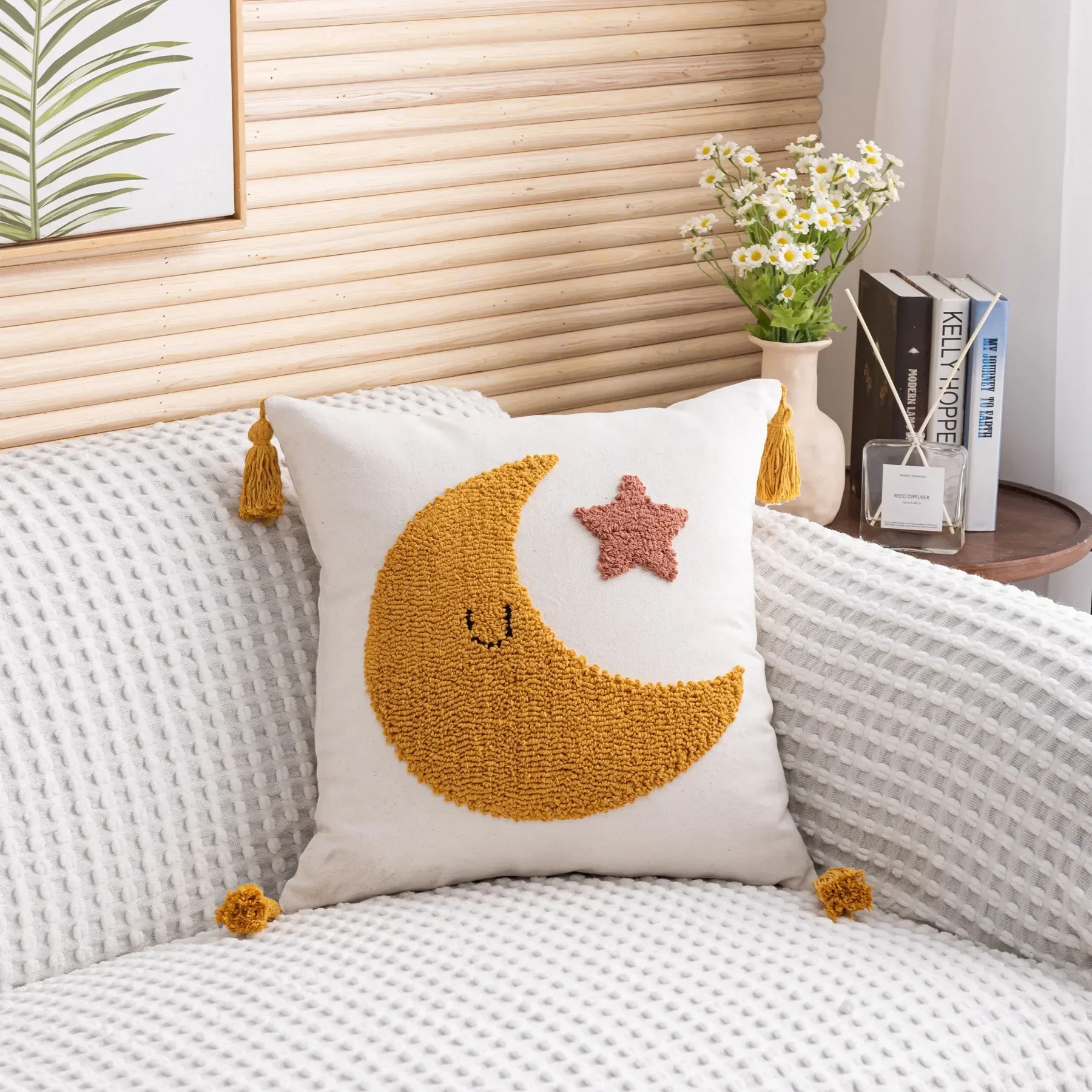 45X45CM Sun Moon Rainbow Loop Tufted Print Cushion Cover Boho Cotton Linen Cartoon Embroidery Pillow Case  Pillows Decor Home