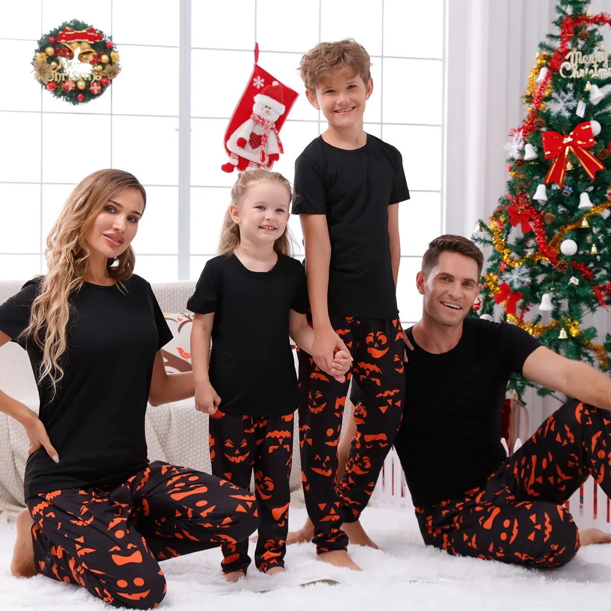 2024 New Family Halloween Matching Outfits Front Blank Parent-child Pajamas Set Soft Cute 2 Pieces Sleepwear Family Look Pyjamas