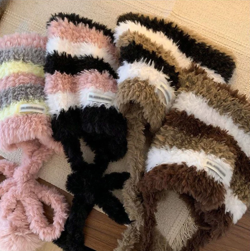 Fashion Cat Ear Women Knitted Hat Thick Warm Contrast Stripe Winter Beanies Cap Ear Protection Windproof Pullover Hat