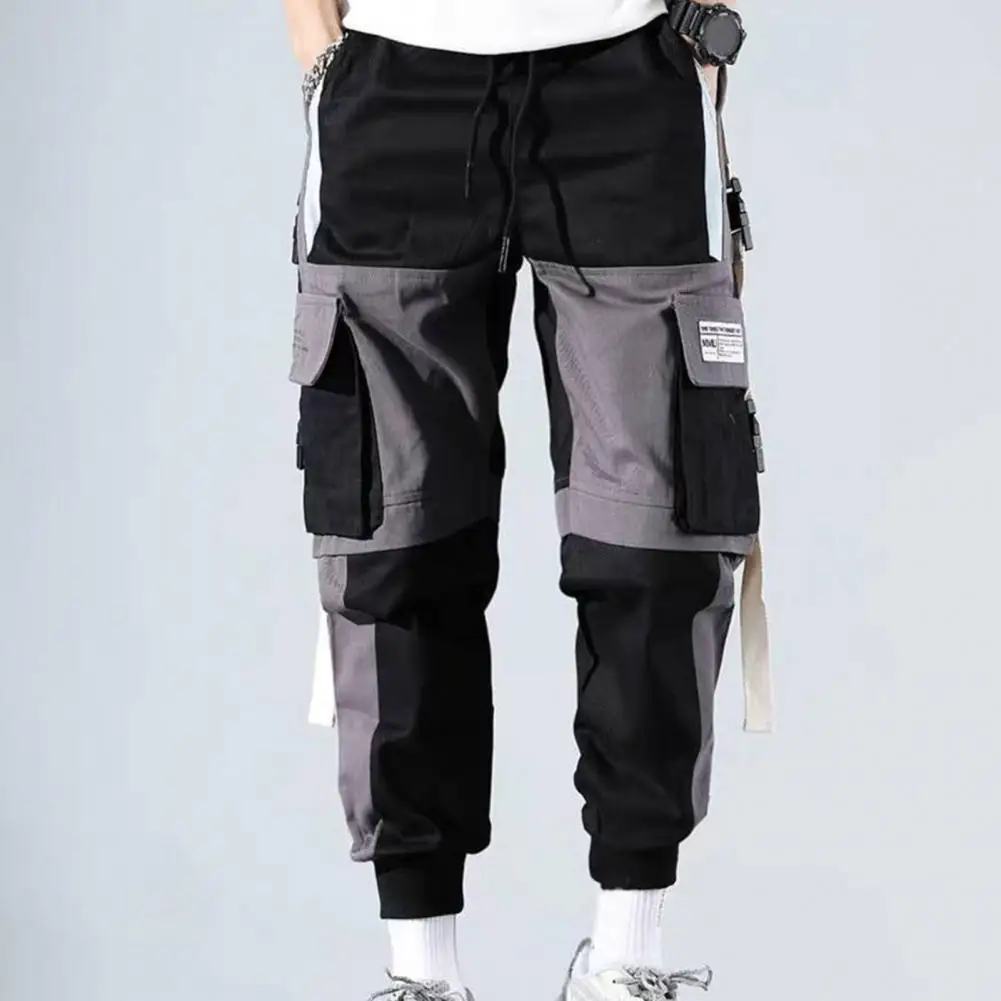 

Men Cargo Pants Color Matching Multi Pockets Long Trousers Thick Deep Crotch Mid Waist Buckle Decor Ankle-banded Ninth Pants