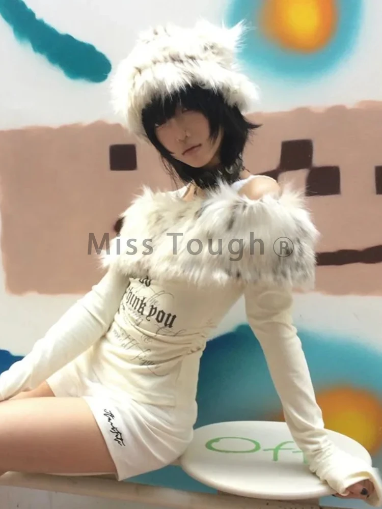 Japanese Y2k Fur Collar Tops 2000s Aesthetics Off Shoulder Fashion