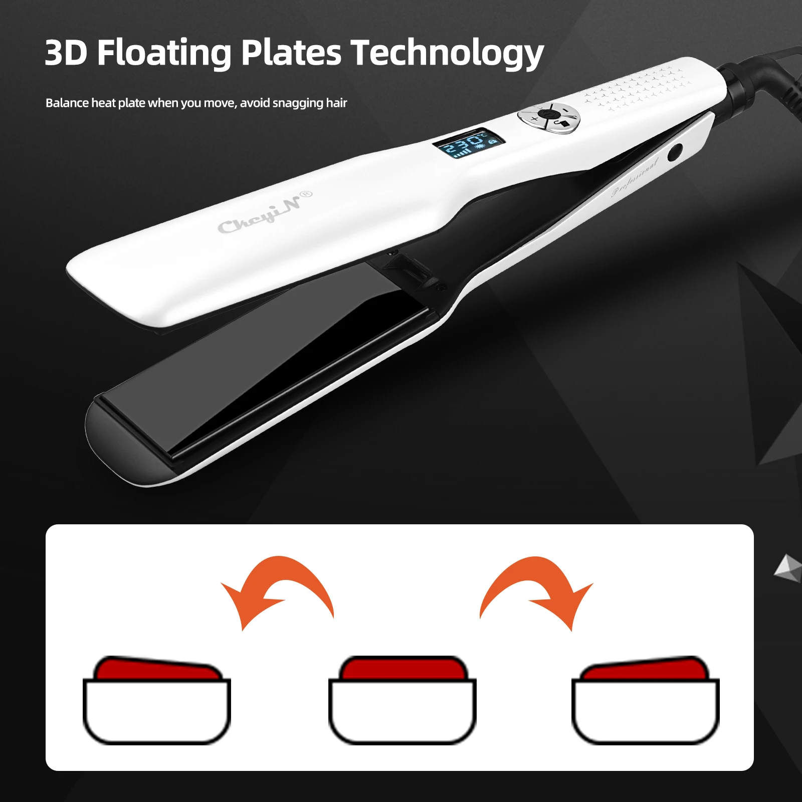 CkeyiN 44mm Tourmaline Ceramic Hair Straightener LCD Display Fast Heating Flat Iron Adjustable Temperature Straightening Iron 4