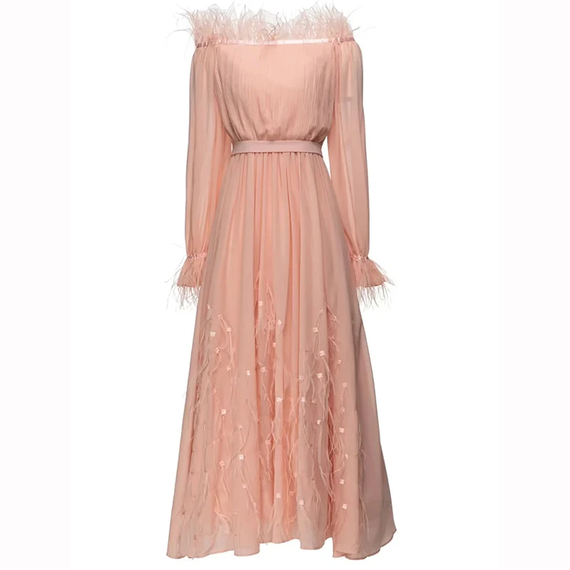 

Summer Long Dress Slash Neck Flare Sleeve Feathers Patchwork Draped Vintage Party Dresses For Women 2023 Runway Luxury Brand