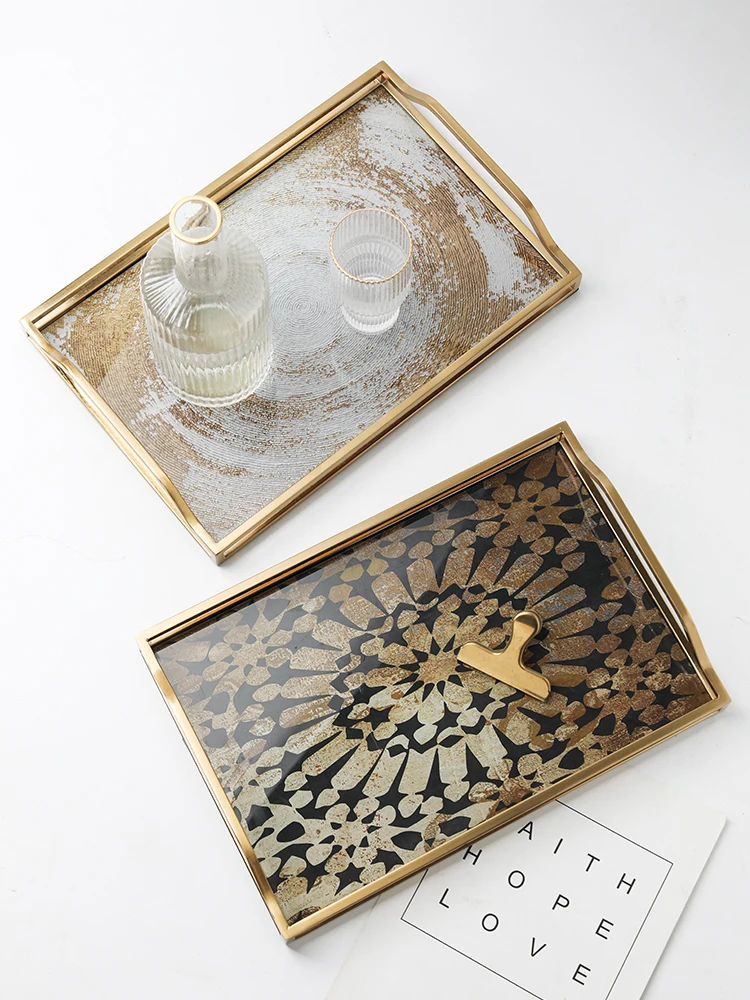 

Ahunderjiaz-Vintage Glass Storage Tray, Metal Rectangular Tea Plate, Living Room, Entryway, Home Storage Decoration