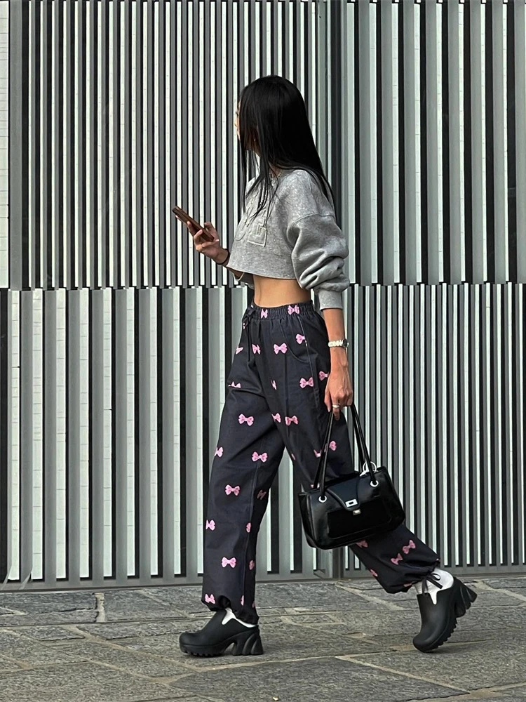 Deeptown Kawaii Bow Print Wide Leg Pants Women American Retro Sweet Y2k Harajuku Streetwear High Waist Trousers Spring 2024 New