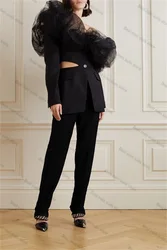Catwalk Black Women Suits Set 2 Piece Jacket With Tulle Wedding Tuxedo Formal Office Lady Custom Made Blazer+Pants Prom Dress