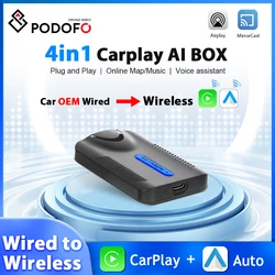 Podofo 4-in-1 Wireless Carplay Box Wireless Android Auto Box WIFI Bluetooth AirPlay Android Cast Voice assistant CarPlay Ai Box