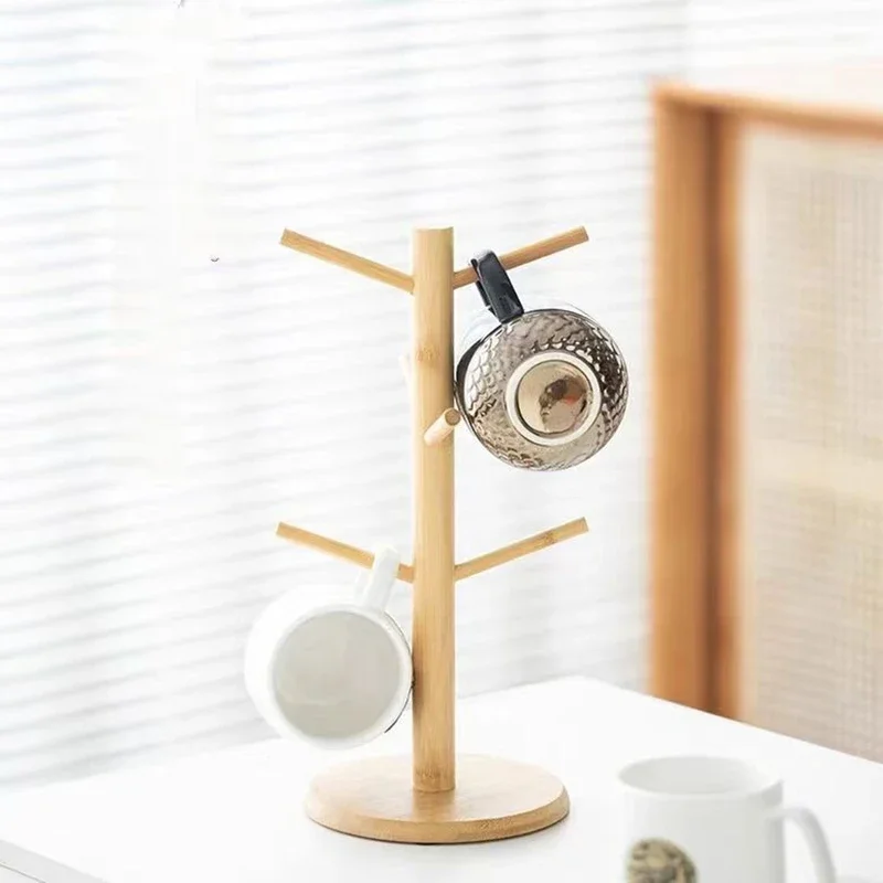Bamboo Mug Hanging Display Rack Drinkware Shelf With 6 Hooks Tree Shape Wood Coffee Tea Cup Storage Holder Stand 5