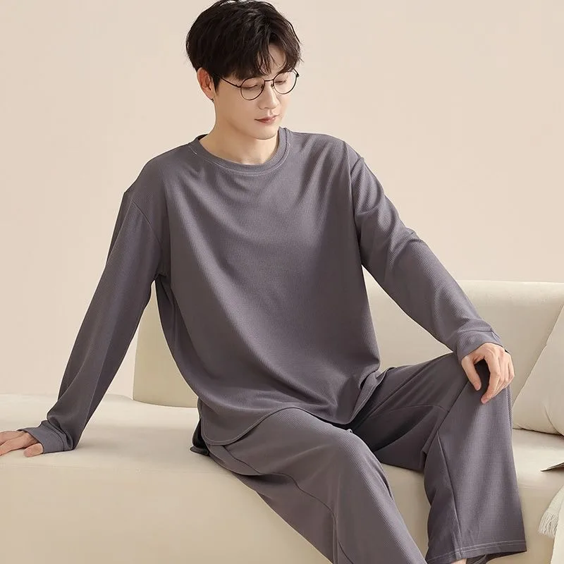 цена 2024 New Men Pajamas Spring Autumn Long-sleeved Sleepwear Winter Cotton Pullover Solid Color Round Neck Casual Homewear Suit