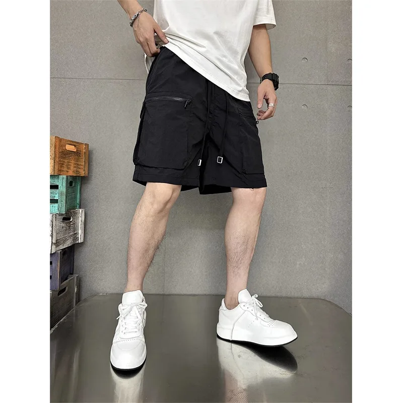 High Street Quick Drying Summer Multiple Pockets Thin Style Solid Color Simplicity Loose Workwear Men Casual All-match Shorts