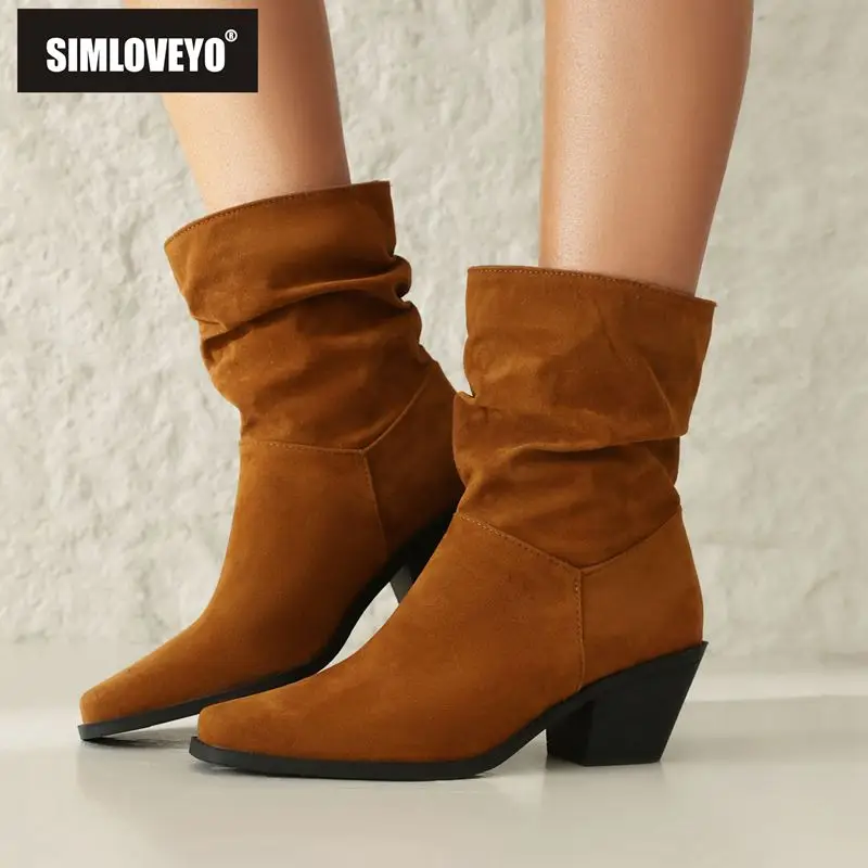 

SIMLOVEYO Women Ankle Boots Flock Square Toe Chunky Heels 6cm Slip On Pleated Casual Daily Shoes Big Size 41 42 43 Female Bota