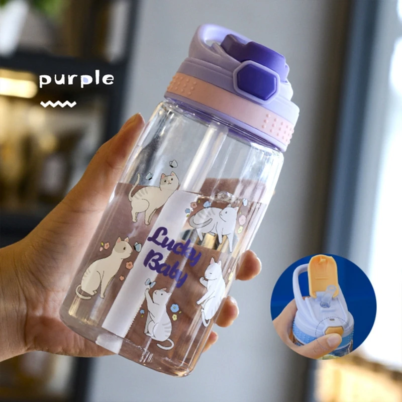 Cartoon Children'S Water Bottle With Straw Leakproof Press Button Easy Open Water Bottle Children'S Cups Kids Water Sippy Cup