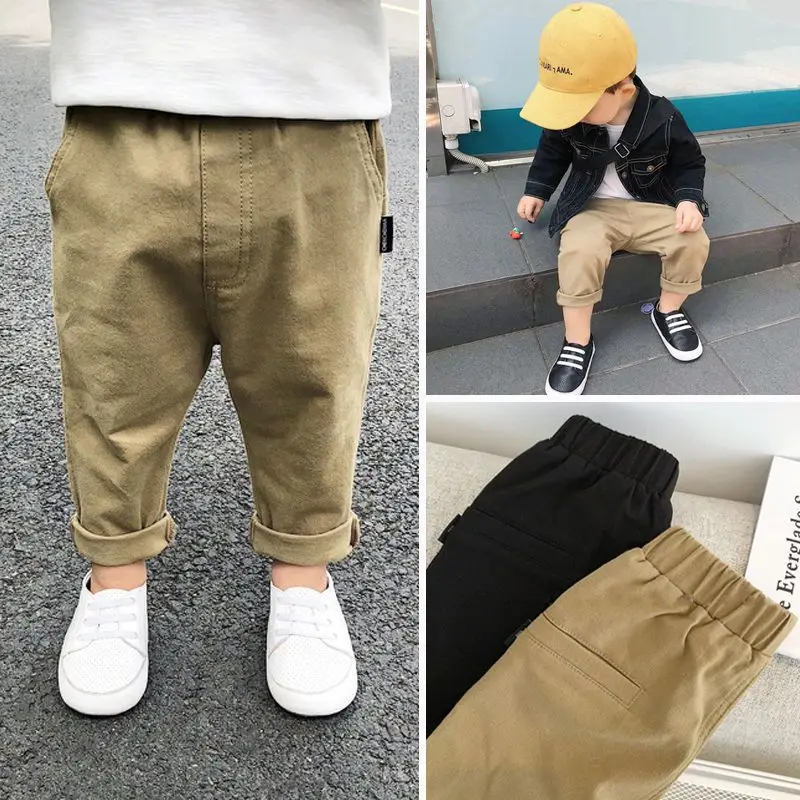 Spring Autumn High Waist Solid Color Cotton Pants For Kids Trousers Casual Cute Kawaii Loose Children's Clothing Boys Pants