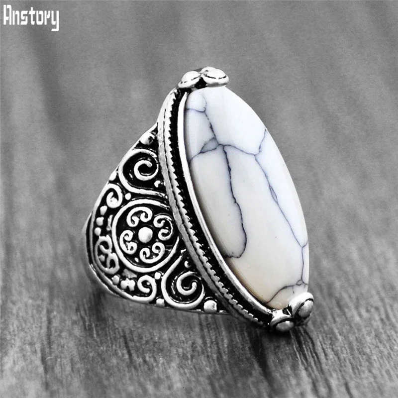 Flower Band Oval Synthetic Turquoises Rings finger ring silver ring 5 Colors For Women Vintage Antique Silver Plated
