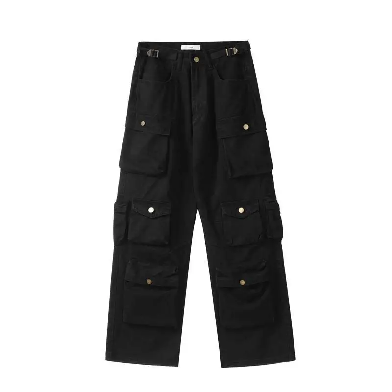 Pantalones vaqueros con botones de estilo Industrial para mujer, pantalones  Cargo con múltiples bolsillos, Vintage, marrón, negro, acampanado -  AliExpress