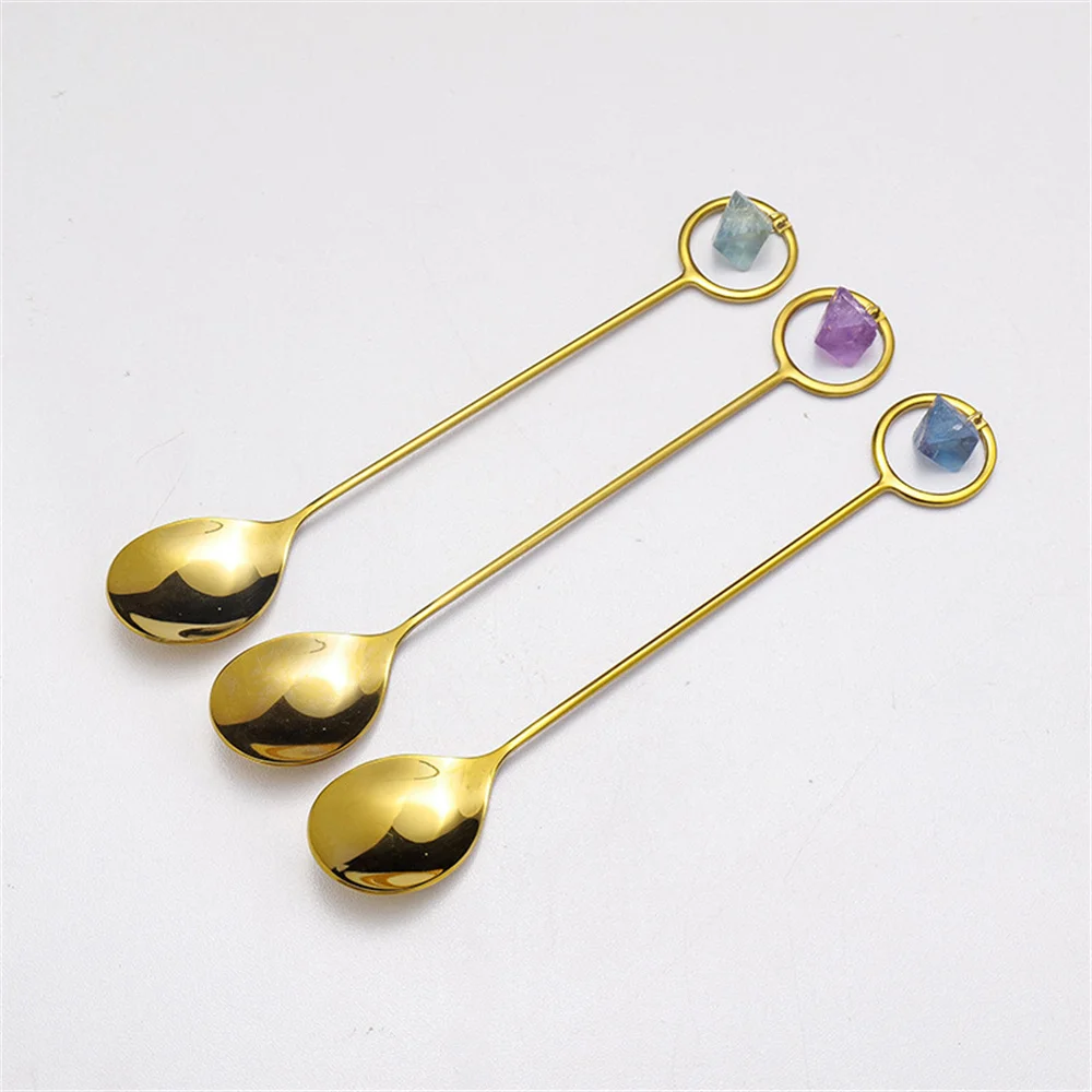 

Stainless Steel Gold Spoon Fork Natural Crystal Dessert Spoon Crystal Quartz Tea Spoon Home Tableware Decoration Kitchen Tools