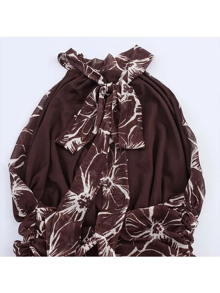 Women Elegant Printing Halter Dress Backless Sexy Tulle Long Dresses Summer 2025 New Fashion Evening Party Dresses ﻿