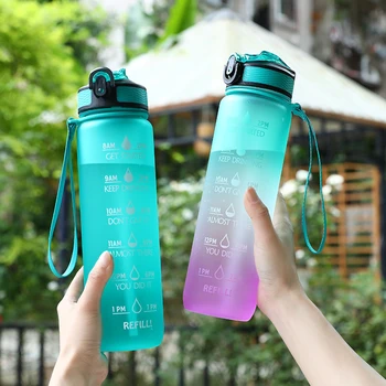 1000ml Sports Water Bottle Leakproof Plastic Frosted Cup BPA-Free Portable Drinking Cup with Time Scale for Camping Running 1
