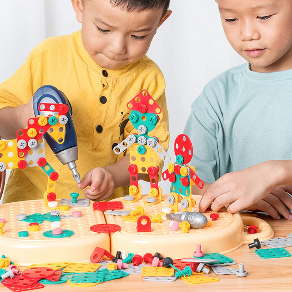 203 Pieces Children's Repair Toolbox Creative Mosaic Puzzle Toy With Electric Drill Screw Tool Set Kids DIY Learning Toys