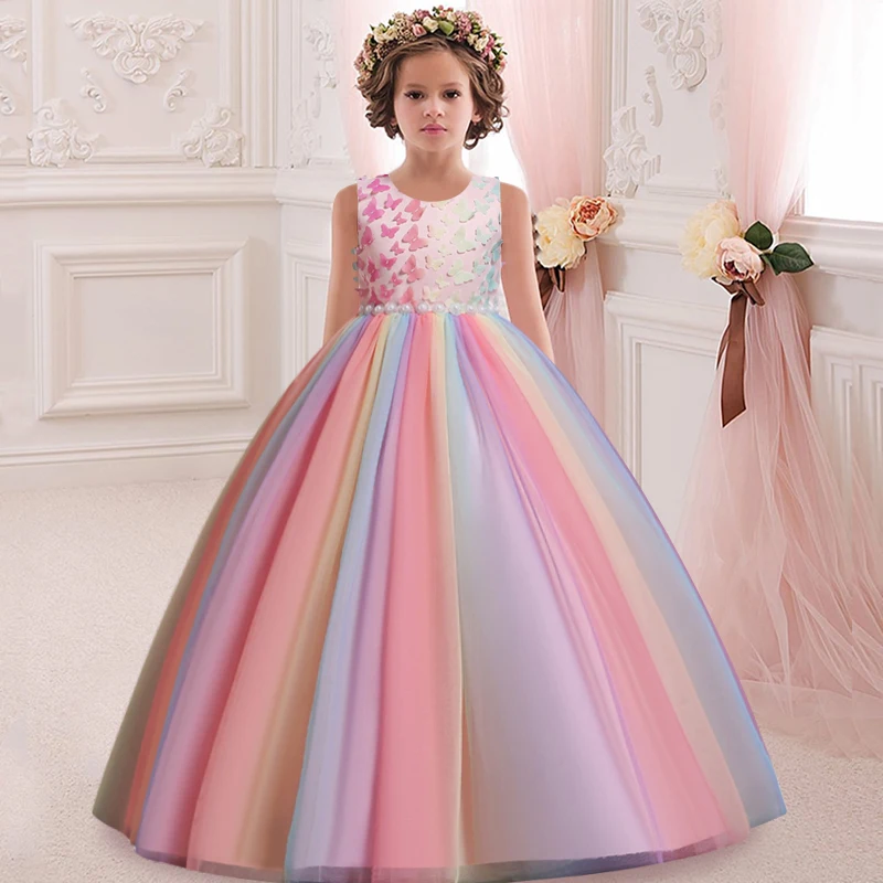 Girls Sleeveless Flower Girl Wedding Dress Petal Embroidery Long Dress Girls Dance Performance Model Walk Show Art Dress