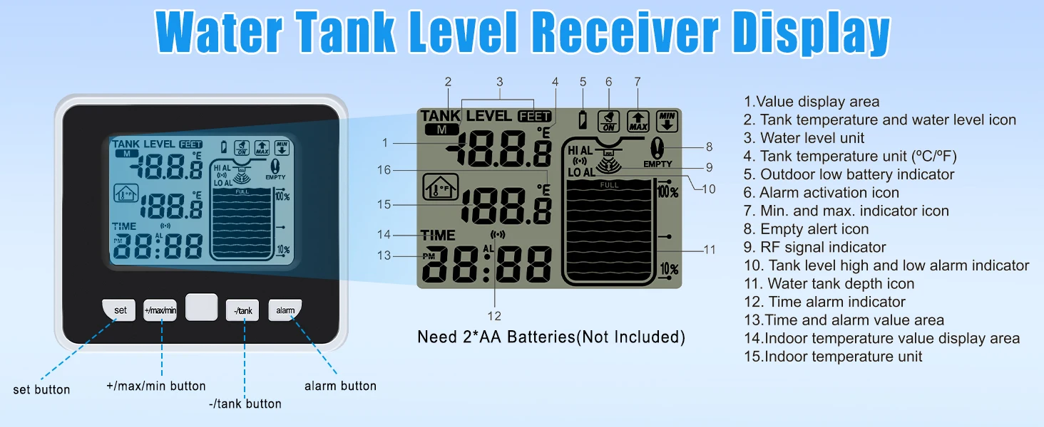 Ultrasonic Level Guage Wireless LCD Display Water Tank Liquid Meter Temperature