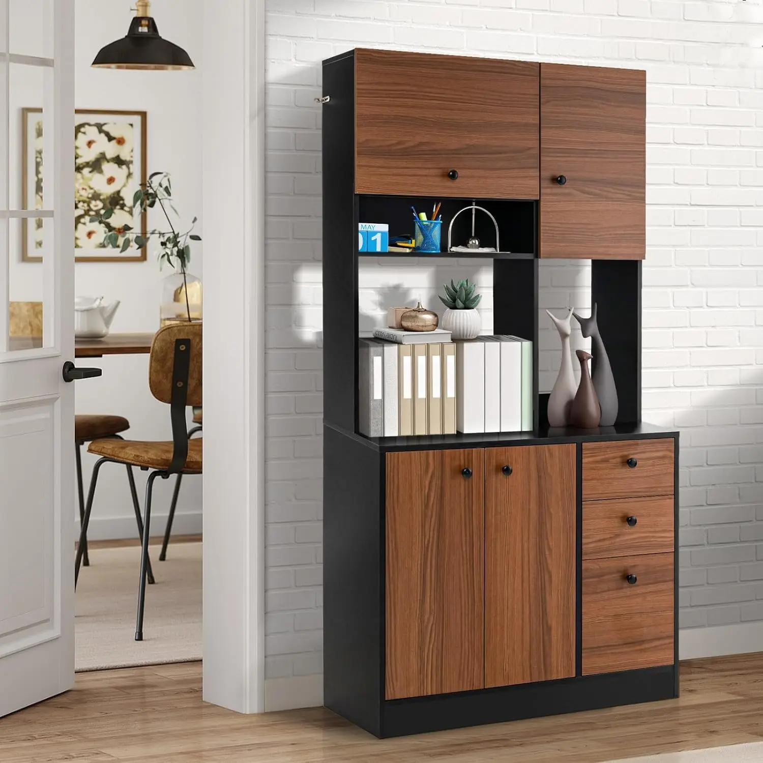 Kitchen Pantry Storage Cabinet Freestanding Buffet Hutch Doors Adjustable Shelves 3 Drawers Microwave LOKO 71&rdquo;
