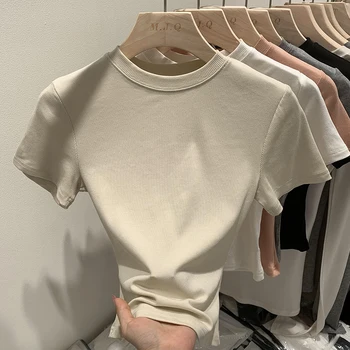 2025 موضة طاقم الرقبة المرأة تي شيرت الشارع تي شيرت غير رسمي الصلبة سليم تي شيرت مثير المحاصيل الأعلى العصرية ومتعددة الاستخدامات تي شيرت