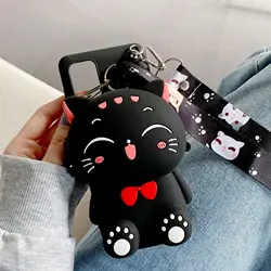 Cartoon 3D Stand Cat Wallet Case with Necklace Strap Bags Cover - POCO M6 Plus 5G (BlackNewCat Black)