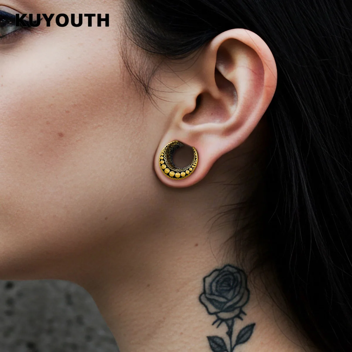 KUYOUTH 2Pcs Moon Shape Ear Gauges Tunnels Saddle Plugs Vintage Tribal Ear Stretchers Piercing Jewelry Gift for Ear Stretching