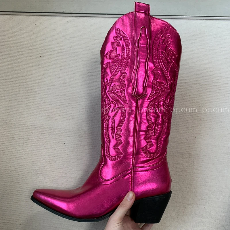 Bottes de cowboy occidentales brodées pour femmes, hauteur genou, mollet large, blanc, pointu, Parker, chaussures à talons épais, rouge