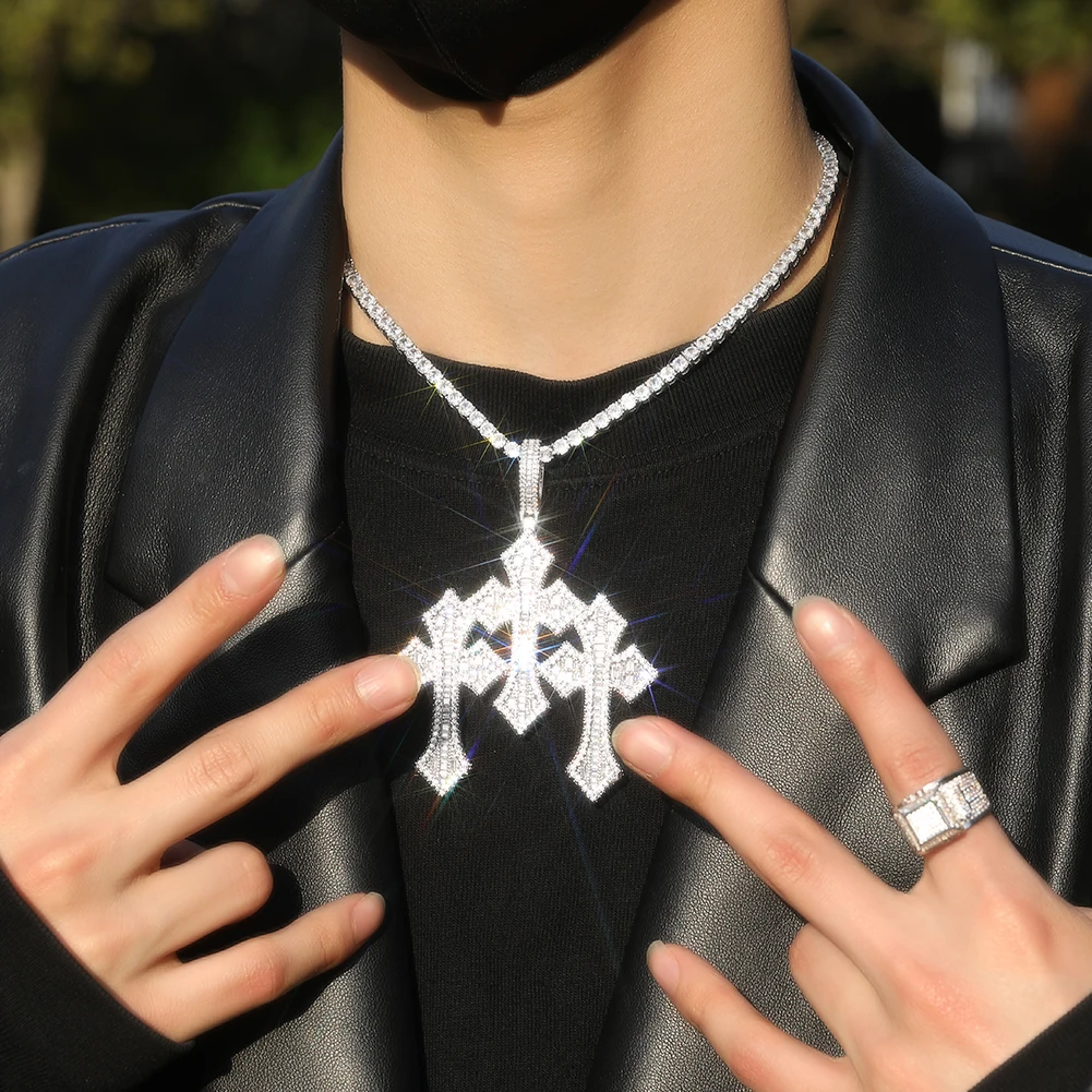 UWIN Iced Out Stacked Crosses Pendant Necklaces for Men Baguettecz Cubic Zirconia Charms for Rappers Pendants Hip Hop Jewelry