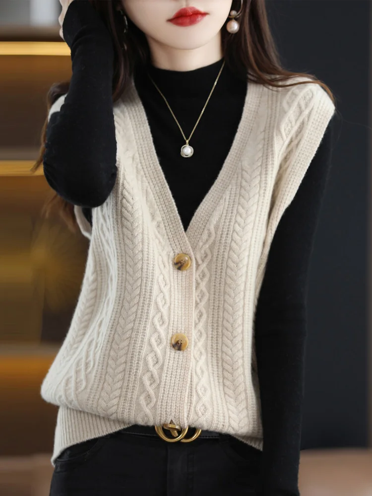 

Autumn Winter 100% Merino Wool V-neck Sleeveless Cardigan For Women Twist Flower Cashmere Sweater Female Waistcoat Top