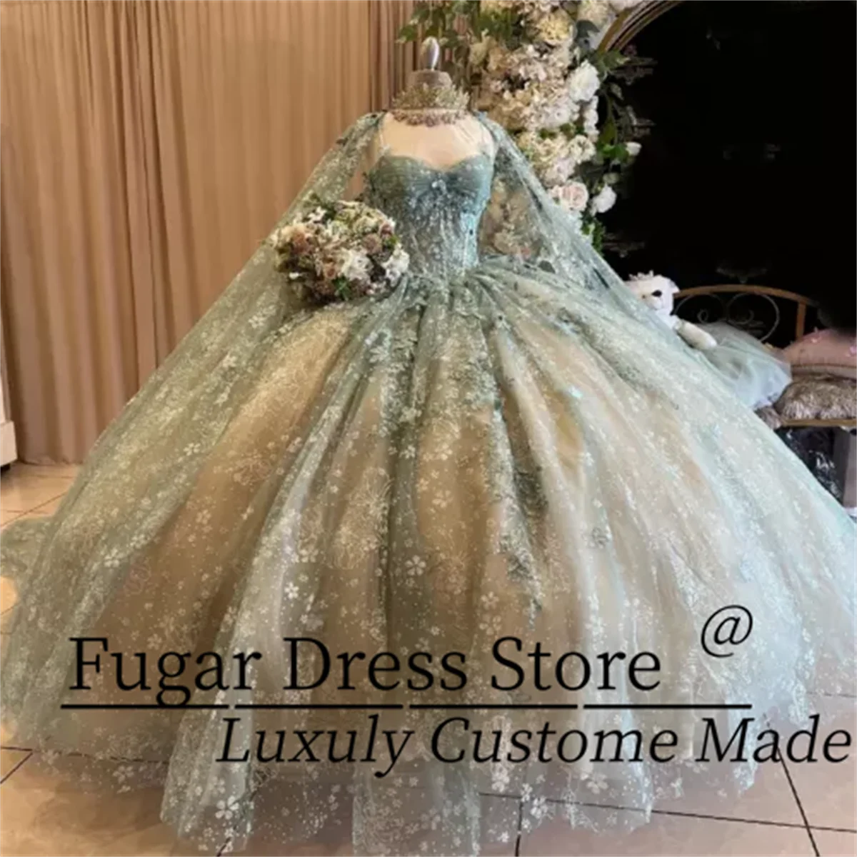 Sage Green Princess Quinceanera Dress Fashion lace Sweetheart Neck Tie Shawl Party Ball Gowns quincea&ntilde;era