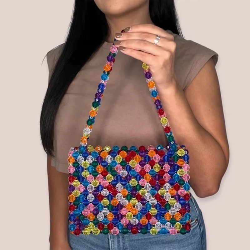 

Candy Color Women's Handbags Shoulder Bags for Women 2023 Luxury Designer Ladies Travel Beach Clutch Handmade Beading Party