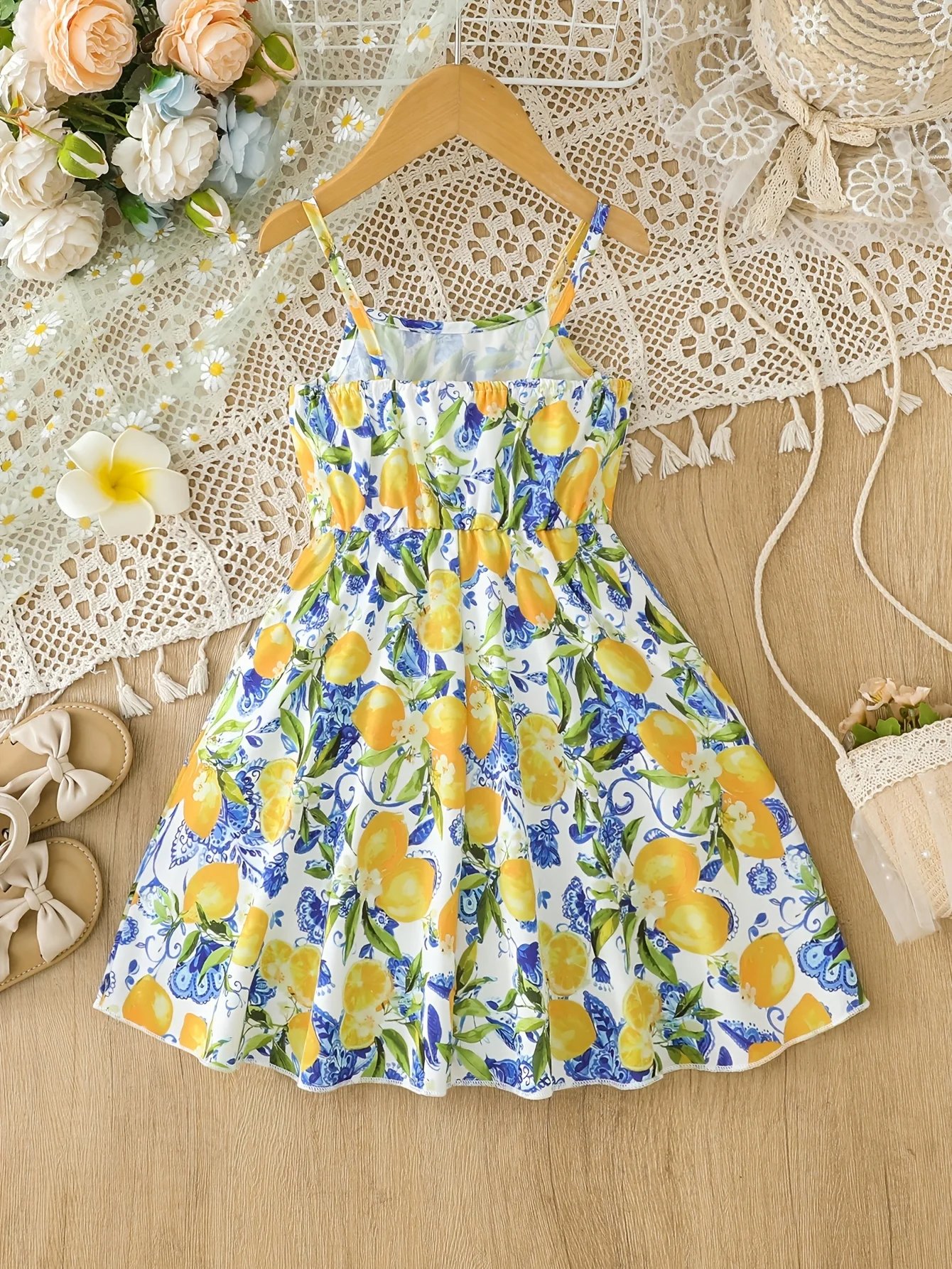 Girls' Summer Casual Dress with Floral Print T-Strap Dress in Yellow-Green Color Scheme, Fresh and Energetic, Suitable for Girls Aged 4-8 for Various Summer Occasions - 3