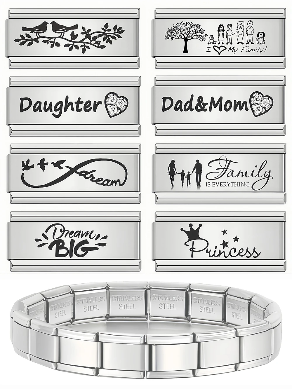 Love Family Dad Mom Italienische Charm-Links, modularer Anschluss, passend für 9 mm Edelstahl-Armbänder für DIY-Herstellung von Schmuckzubehör – Detail 2