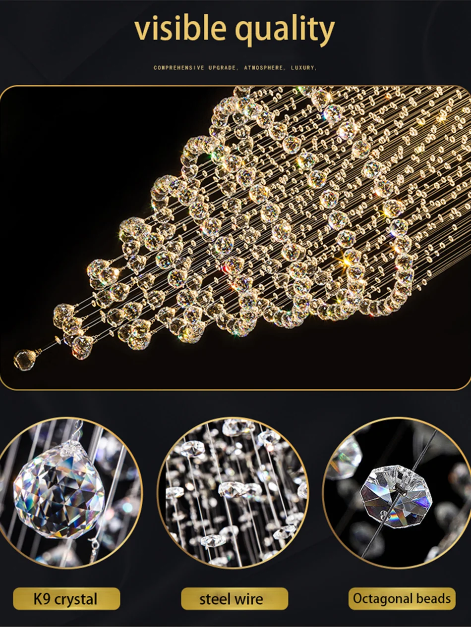 Modern LED Crystal Chandelier Lamp Stair Lights Droplight Double Entry Long Circular Crystal Lighting Lobby Chandelier